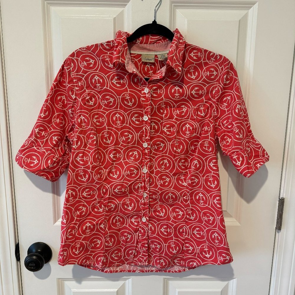 L.L. Bean Pink and White Nautical Anchor Short Sleeve‎ Button Down - Size Medium
